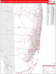 Miami-Fort Lauderdale-West Palm Beach Metro Area Wall Map Red Line Style 2024